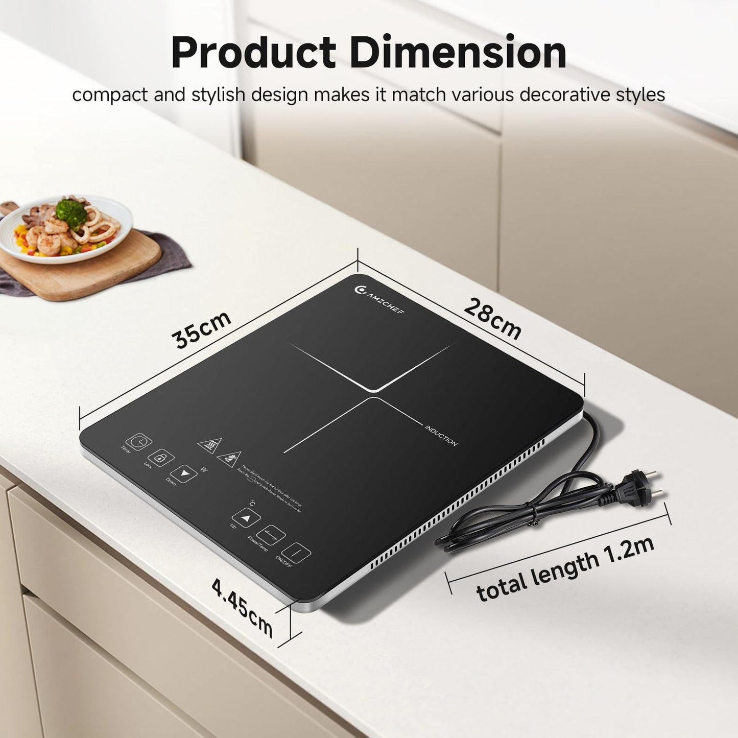 Induktionskochfeld 1 Platte, AMZCHEF Kochplatte Induktion mit ultradünnem Design, 20-Temperaturstufen und 20-Leistungseinstellung, 2000W Induktionskochplatte mit 3-Stunden-Timer, Sicherheitsschloss