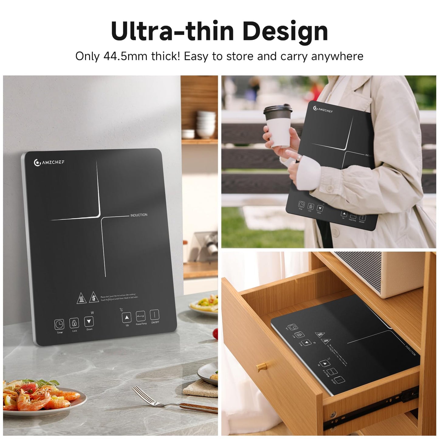 Induktionskochfeld 1 Platte, AMZCHEF Kochplatte Induktion mit ultradünnem Design, 20-Temperaturstufen und 20-Leistungseinstellung, 2000W Induktionskochplatte mit 3-Stunden-Timer, Sicherheitsschloss