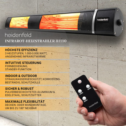 Heidenfeld Infrarot Heizstrahler IH110 | 𝟑 𝐉𝐀𝐇𝐑𝐄 𝐆𝐀𝐑𝐀𝐍𝐓𝐈𝐄 - 3000 Watt - Fernbedienung - Infrarotheizung - Elektroheizung - Infrarotstrahler - Terrassenheizer - Terrassenstrahler