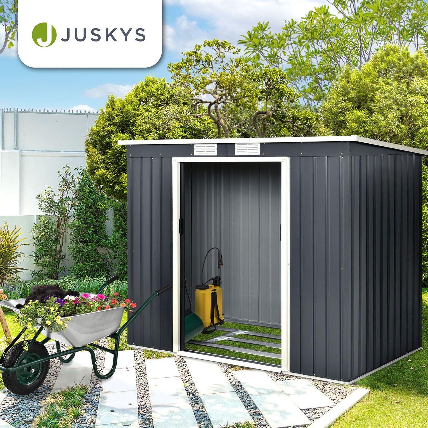 Juskys Metall Gerätehaus M 4m³ mit Pultdach, Schiebetür & Fundament - 213 x 130 x 173 cm - anthrazit - Geräteschuppen Gartenhaus Schuppen Stahl