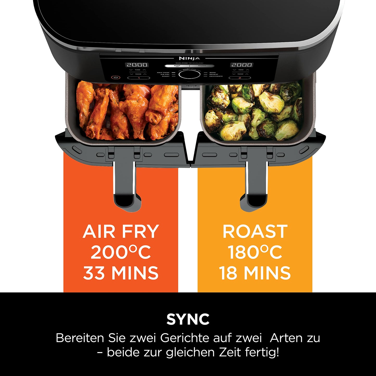 Ninja Foodi MAX Dual Zone Heißluftfritteuse [AF400EU] ‎2470 W, 9,5 l Fassungsvermögen, 2 Fächer, 6 Funktionen, Kupfer, Schwarz