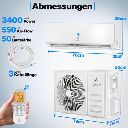 KESSER® Klimaanlage SET Split - mit WiFi/App Funktion Klimagerät - Kühlen A++/ Heizen A+ -12000 BTU/h (3.400 Watt) Sehr Leise, Kältemittel R32 - Fernbedienung, Timerfunktion - Inkl. Montagematerial