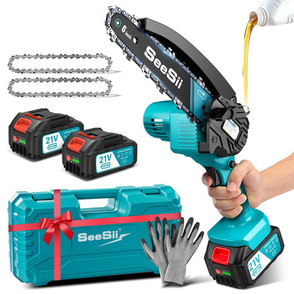 SEESII Mini Kettensäge mit Akku 8000mAh 6 Zoll, Akku Kettensäge mit Automatischer Öler und Ersatzkette, Handkettensäge Akku für Gartenscheren Astschere Holzschneidenz
