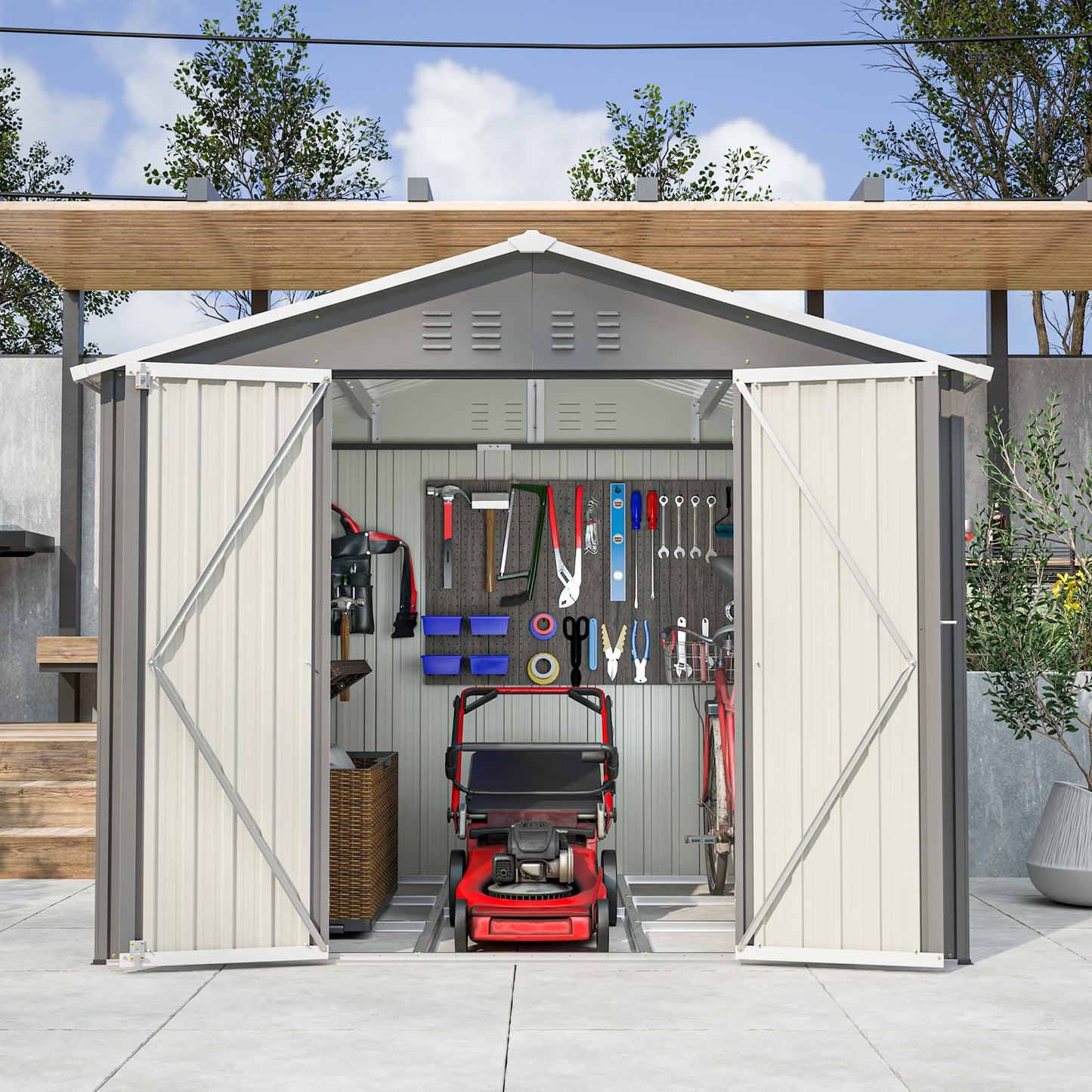 Thanaddo Metall Gerätehaus 9m³ Gerätehaus mit Pultdach,Gartenhaus Geräteschuppen Garten Schuppen Inkl. Metallfundament (ohne Boden), Geräteschrank für Garten,Grau